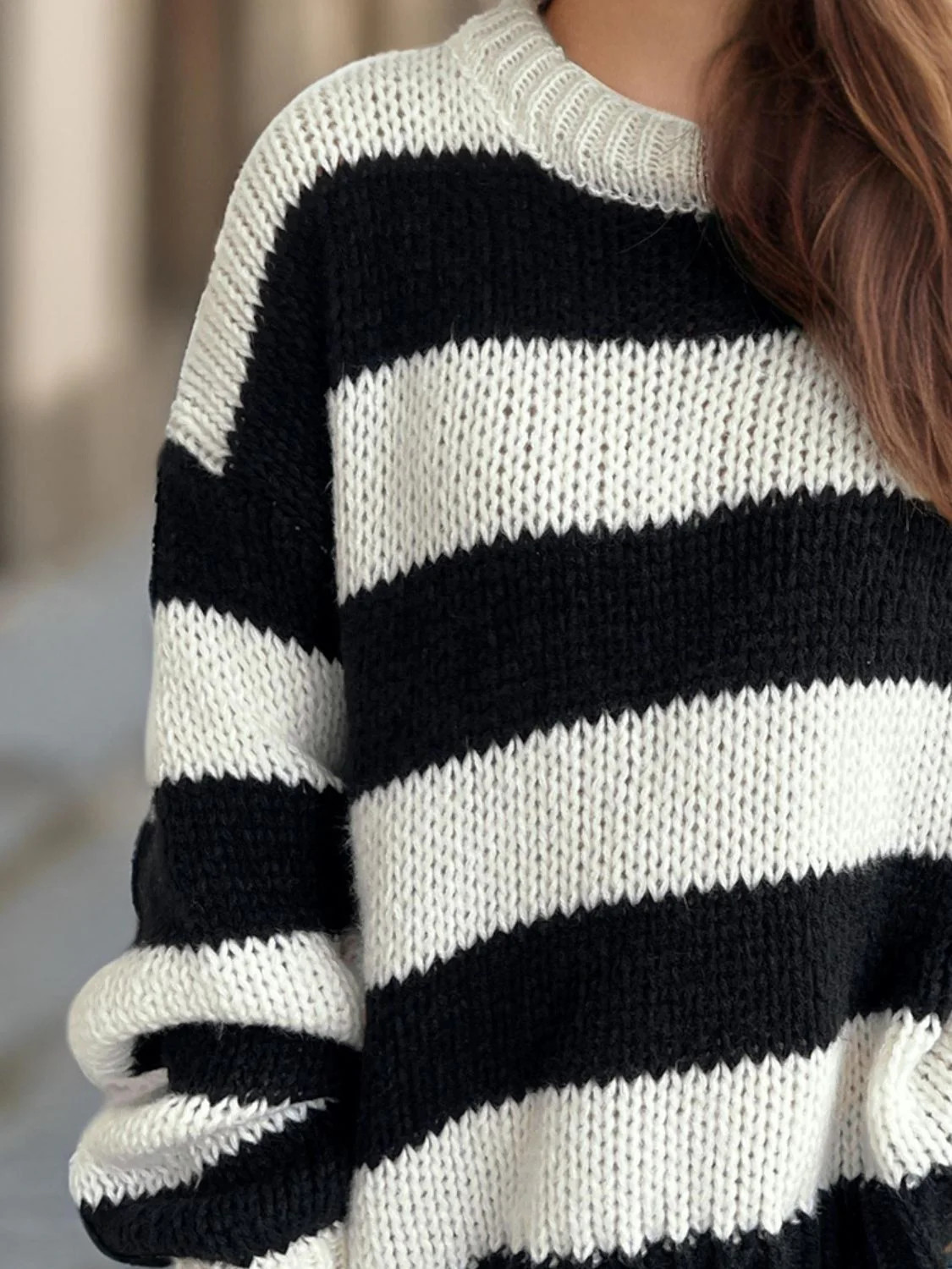 Contrast Striped Round Neck Long Sleeve Sweater Black | Casual Chic Boutique
