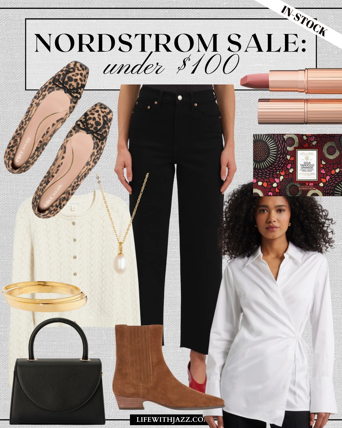 Nordstrom anniversary sale under $100 picks — still in-stock! 

Cole haan ballet flats 
Daze wide leg crop jeans 
Charlotte tilburry lip kit 
Voluspa candle 
Asymmetrical top 
Steve Madden suede boots 
Black purse 
Treasure & bond cardigan 

Nsale / workwear / fall picks / beauty 

#LTKFindsUnder100 #LTKSaleAlert