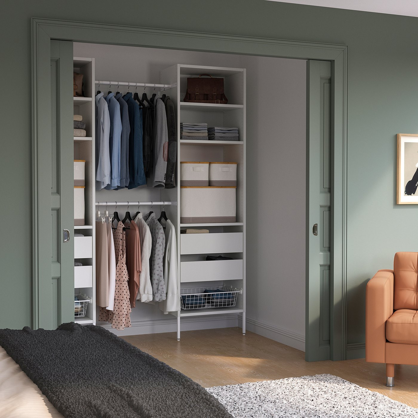 IKEA SKYTTA / AURDAL walk-in wardrobe with sliding doors, white white/Mehamn light green, 89x47 1/4x94 1/2 | IKEA US