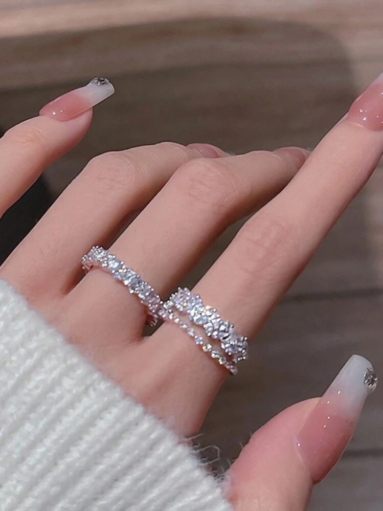 2pcs Y2k Style Copper Alloy Ring Set With Rhinestone, Double Layer Design, Elegant Open Ring For ... | SHEIN