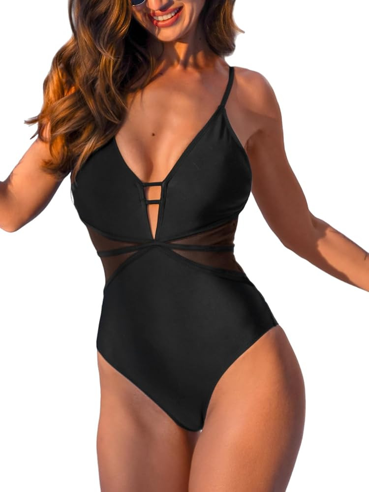 CUPSHE Women's One Piece Swimsuit Deep V Neck Cutouts Bathing Suit Low Back Mesh Adjustable Strap... | Amazon (US)