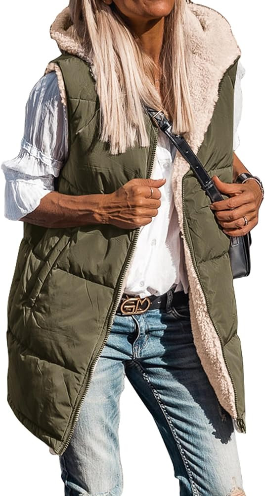 BTFBM Long Puffer Vest Women Fleece Sherpa Jacket Sleeveless Hooded Reversible Zip Up Winter Coat... | Amazon (US)
