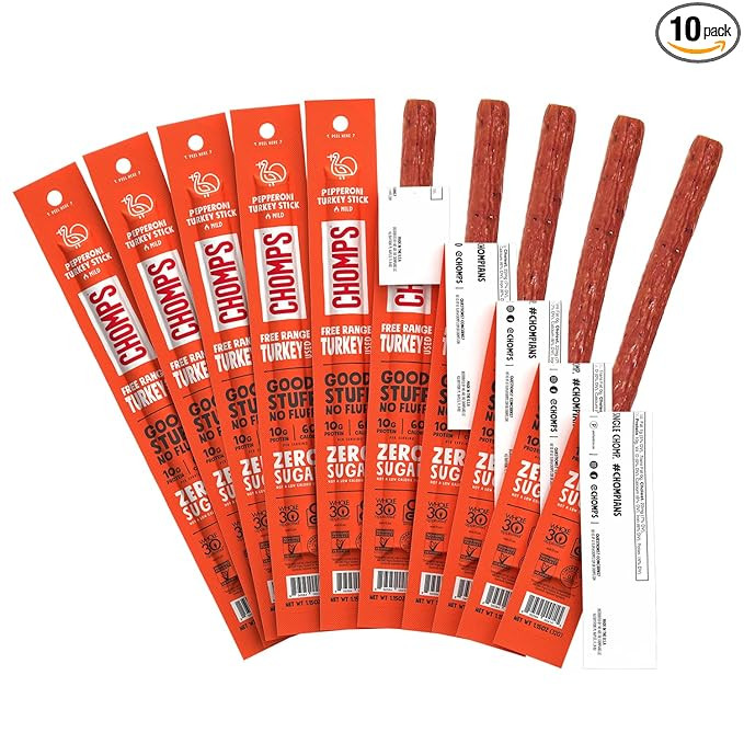 CHOMPS Free Range Pepperoni Turkey Jerky Meat Snack Sticks, Keto, Paleo, Whole30 Approved, Low Ca... | Amazon (US)