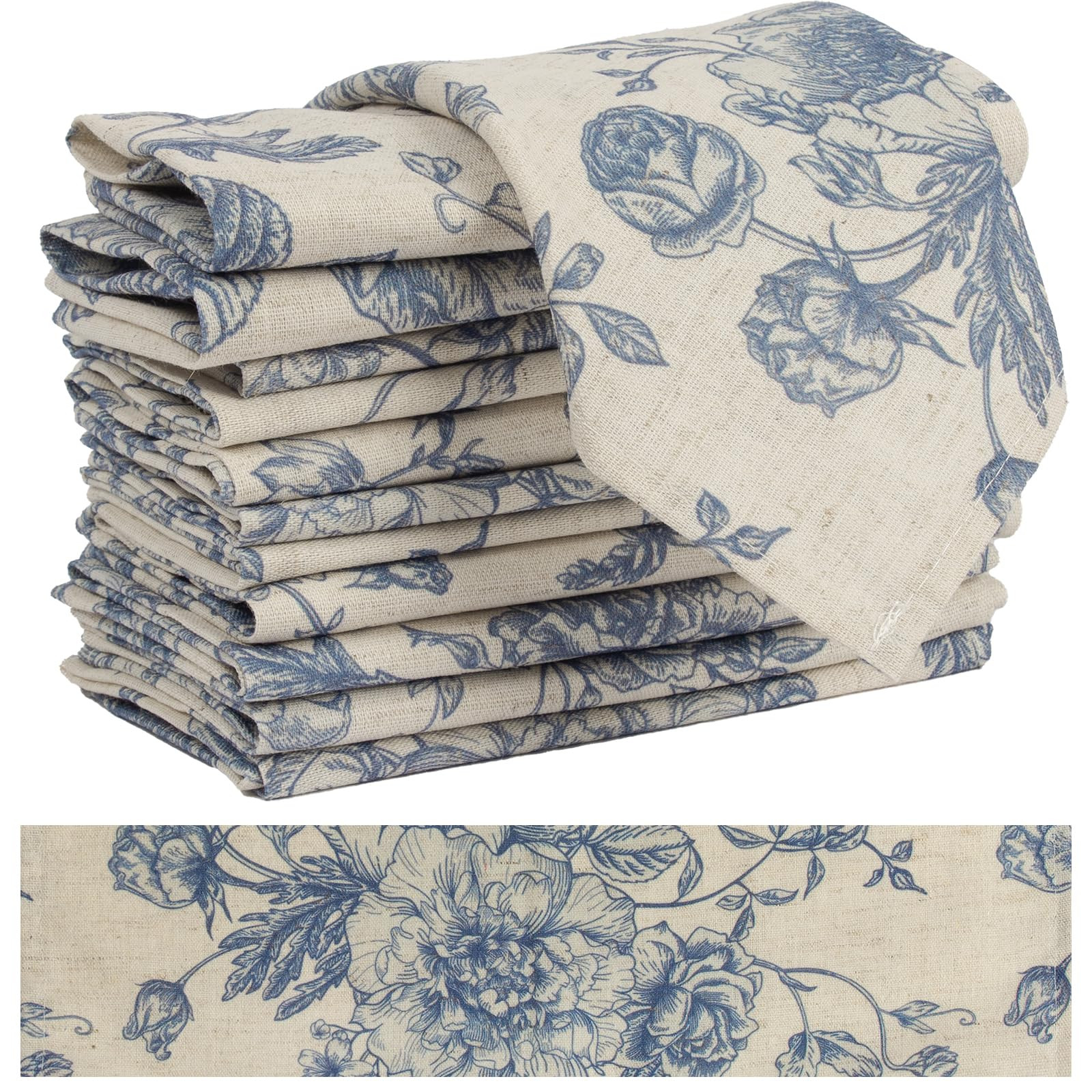 Blue Floral Cloth Napkins Set of 12, Vintage Linen Cotton Dinner Napkins 15x15 Inch - Reusable, C... | Amazon (US)