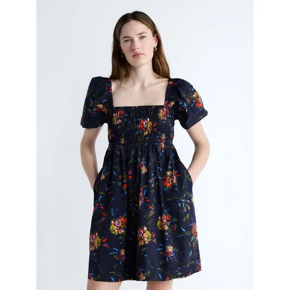 Free Assembly Women's and Women's Plus Smocked Cotton Peasant Mini Dress with Puff Sleeves, Sizes... | Walmart (US)