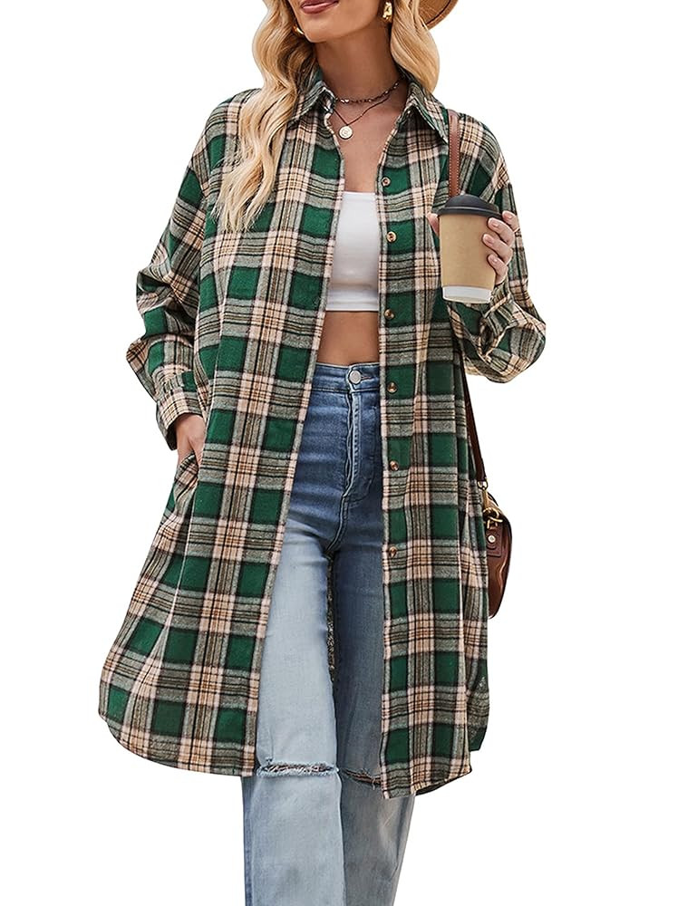 Bozanly Oversized Mid Long Plaid Flannel Shirts for Women Lapel Long Sleeve Check Blouse with Poc... | Amazon (US)