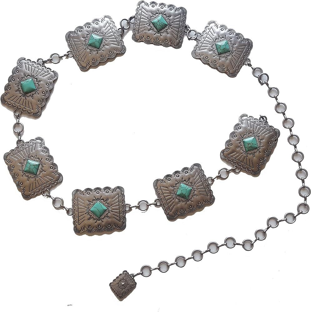 Western Silver Concho Chain Belt w. Turquoise color Stone | Amazon (US)