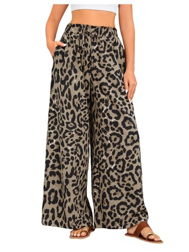 OYOANGLE Women's Leopard Print Elastic High Waist Wide Leg Pants Tie Front Pockets Loose Casual Trousers Brown Black X-Large | Amazon (US)