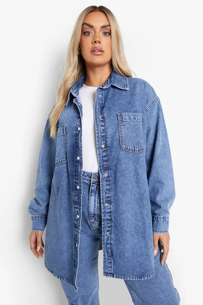 Plus Acid Wash Pocket Oversized Denim Shirt | boohoo (US & Canada)