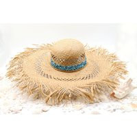 Sea Breeze Sun Hat - 21"" Fray Brim Straw Natural & Turquoise Rhinestone Stone Mix Band Tropic Island Outdoor Beach Shipping | Etsy (US)
