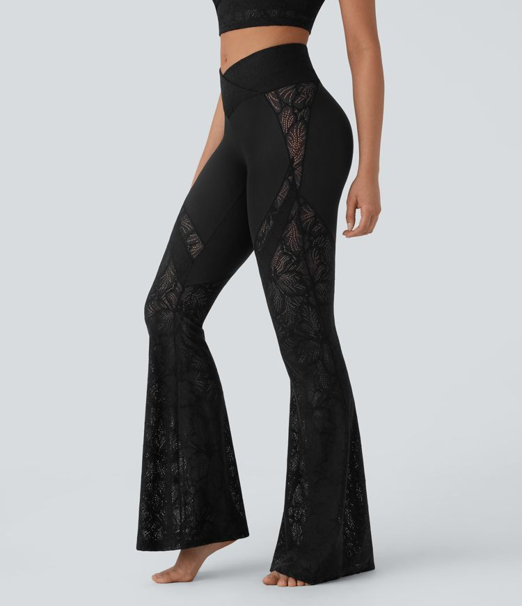 Women’s Softlyzero™ High Waisted Crossover Back Pocket Contrast Lace Flare Yoga Leggings - Ha... | HALARA