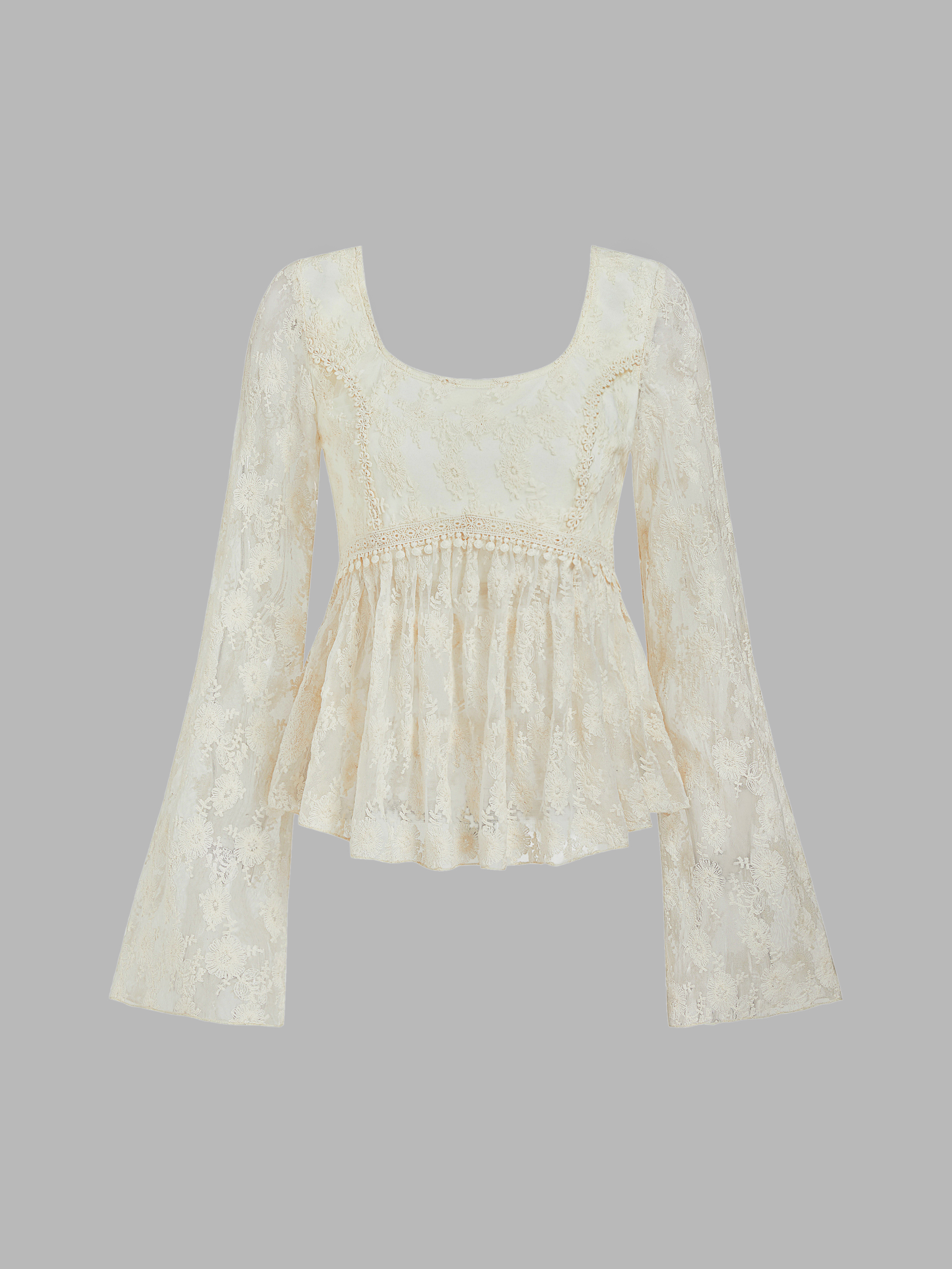 Woven Cotton-blend Lace Ruffle Bell Sleeve Blouse For Date Vacation | Cider