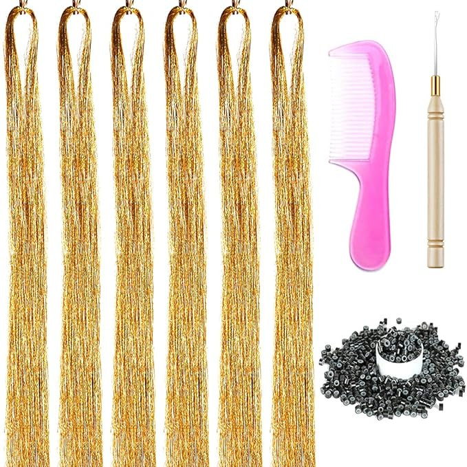 6 Packs 43 Inch Hair Tinsel Extensions with Tools Kit 1200 Strands Tinsel Hair Extensions for Wom... | Amazon (US)