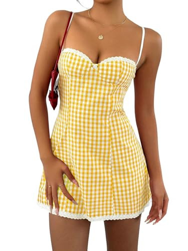 Floerns Women's Summer Cute Gingham Spaghetti Strap Cami Sun Dress Lace Trim A Line Mini Dresses Yellow Large | Amazon (US)