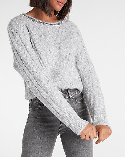 Cable Knit Embellished Neckline Sweater | Express