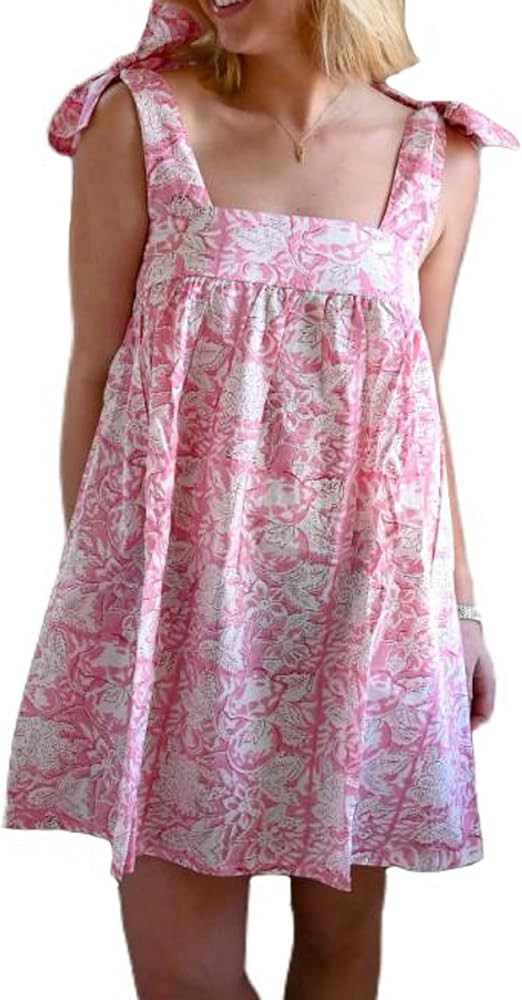 Women Floral Tie Shoulder Mini Dress Cute Square Neck Loose Fit Beach Short Dress Backless Boho V... | Amazon (US)