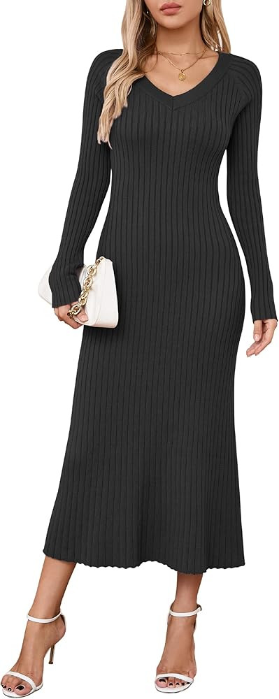 Arach&Cloz 2024 Fall Womens V Neck Long Sleeve Fishtail Sweater Dress Ribbed Knit Slim Fit Bodyco... | Amazon (US)