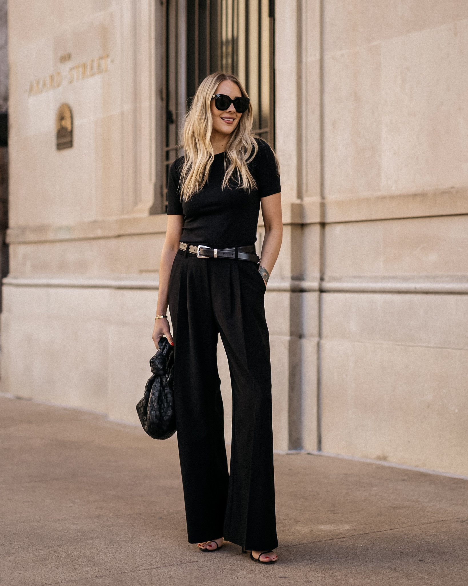 Black tshirt (small)
Black trousers (small)
Silver & black belt
Black heeeled sandals
Bottega bag (linked similar) 
#fashionjackson #springoutfits #workwear #sandals 

#LTKstyletip #LTKfindsunder100