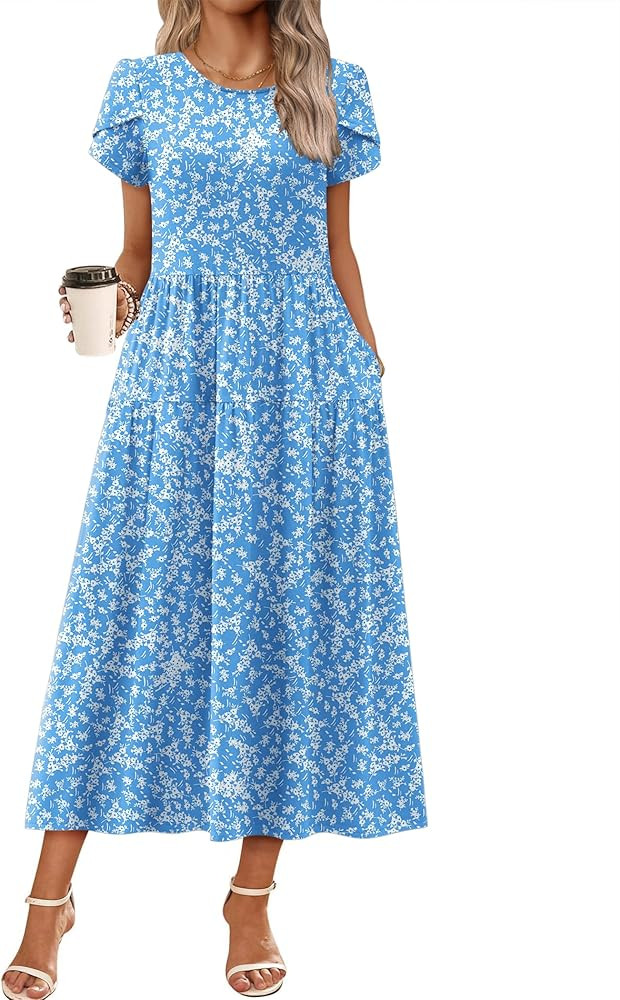 Zeagoo Summer Dresses for Women 2026 Maxi Bohemian Floral Short Sleeve Long Dress Casual Flowy Ti... | Amazon (US)