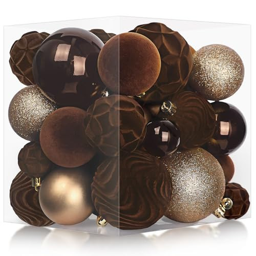 36PCS Velvet Christmas Ball Ornaments Set, Brown Flocked Christmas Xmas Tree Decorations Shatterproof Glitter Plastic Hanging Ball Ornaments for Wreath Home Party Holiday Decor with 7 Styles in 3 Size | Amazon (US)