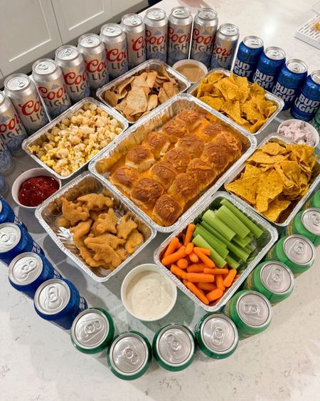 Easy stadium snacks! 
Large and small aluminum pans, beer, dipping bowls, Hawaiian rolls! 

#LTKparties #LTKhome #LTKfindsunder50