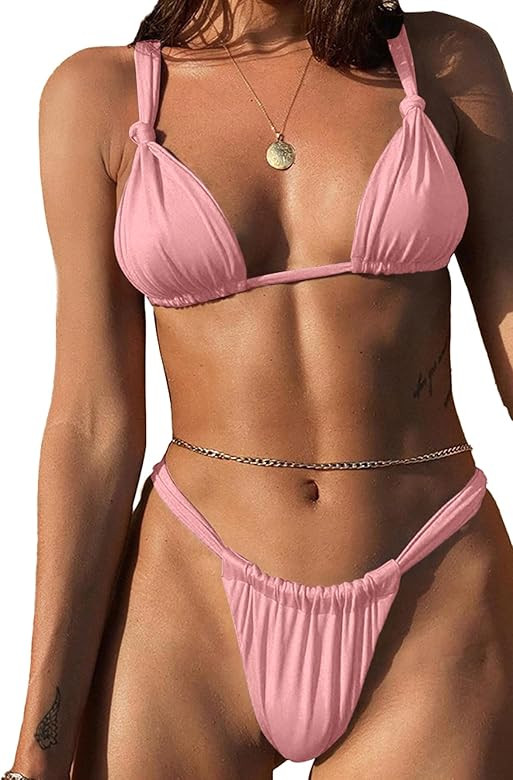 Rooscier Women's Retro Halter Triangle Top Push Up 2 Piece String Bikini Set Swimsuits | Amazon (US)