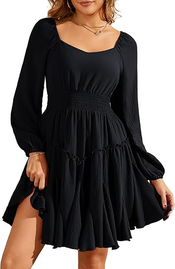 Florboom Women's Multi-Layered Hem Dress Square Neck Lantern Long Sleeve A-Line Smocked Waist Min... | Amazon (US)