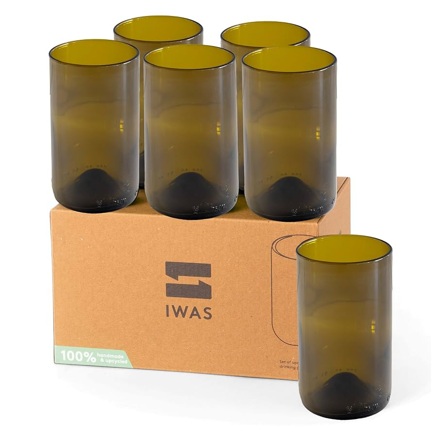 IWAS Upcycled Olive Drinking Glasses | 400 ML | 13.53 OZ | Set of 6 | Sustainable Water Glasses |... | Amazon (US)