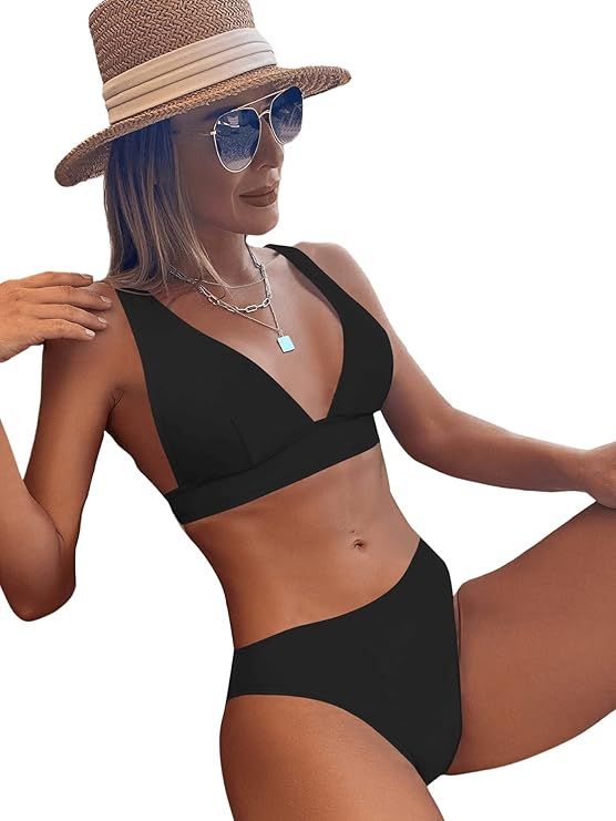 SweatyRocks Women's 2 Piece Bathing Suit V Neck Triangle Bikini Set Plain Swimsuit Beachwear | Amazon (US)