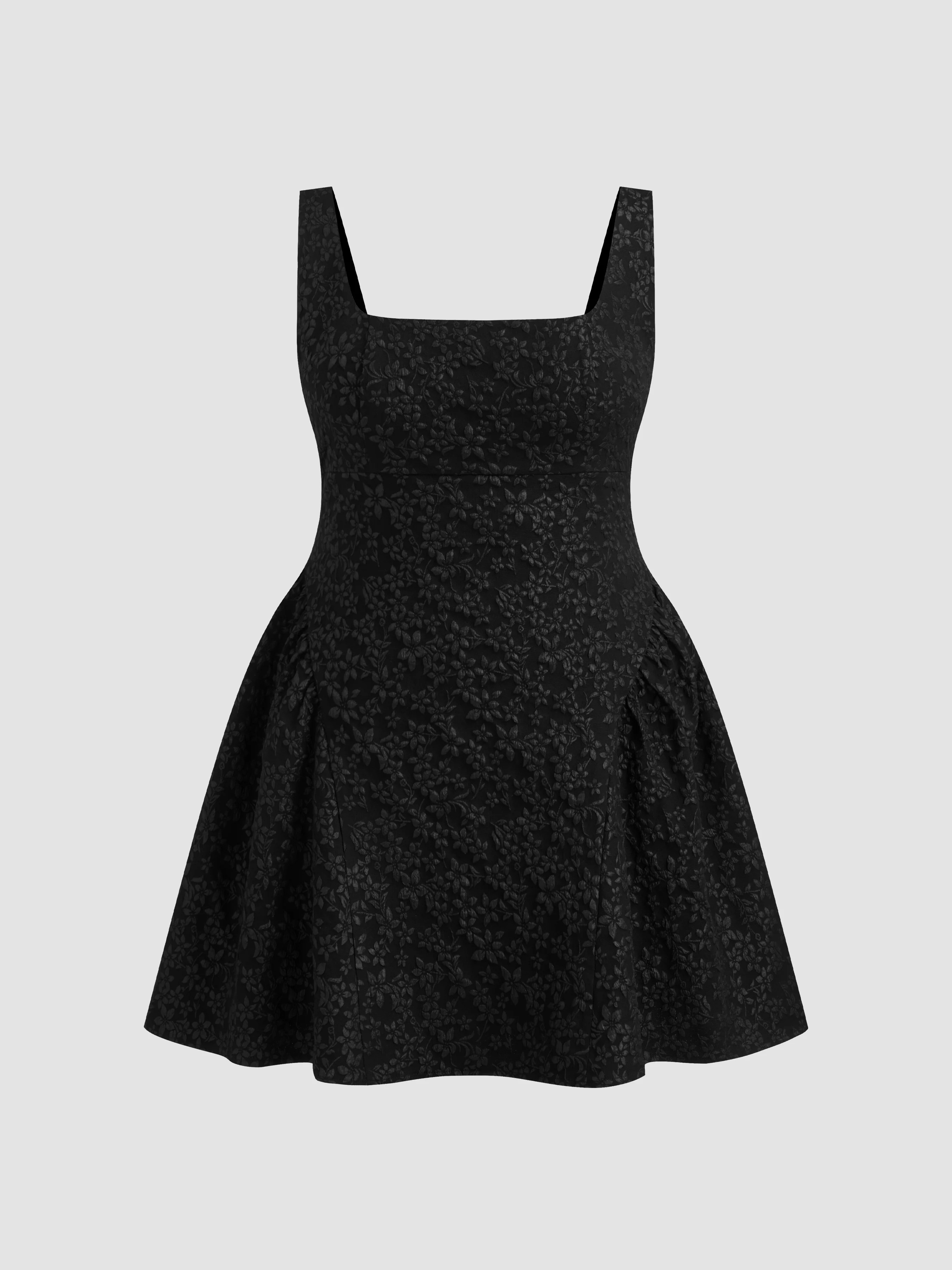Woven Square Neck Floral Jacquard Backless Bowknot Mini Dress Curve & Plus For Date | Cider
