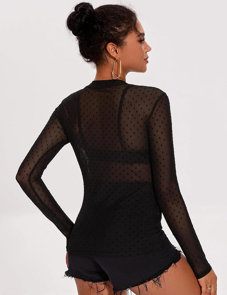 AKEWEI Womens Mesh Long Sleeve Tops Crew Neck Sexy See Through Tee Shirts Party Club Night Lace B... | Amazon (US)