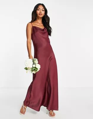 Y.A.S Bridesmaid satin cami maxi dress in burgundy | ASOS (Global)