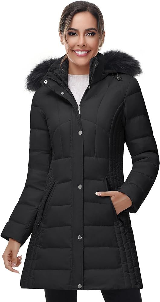 SLOW DOWN Women Winter Down Puffer Coat Warm Hooded Mid-Length Down Jacket for Women with Faux Fu... | Amazon (US)