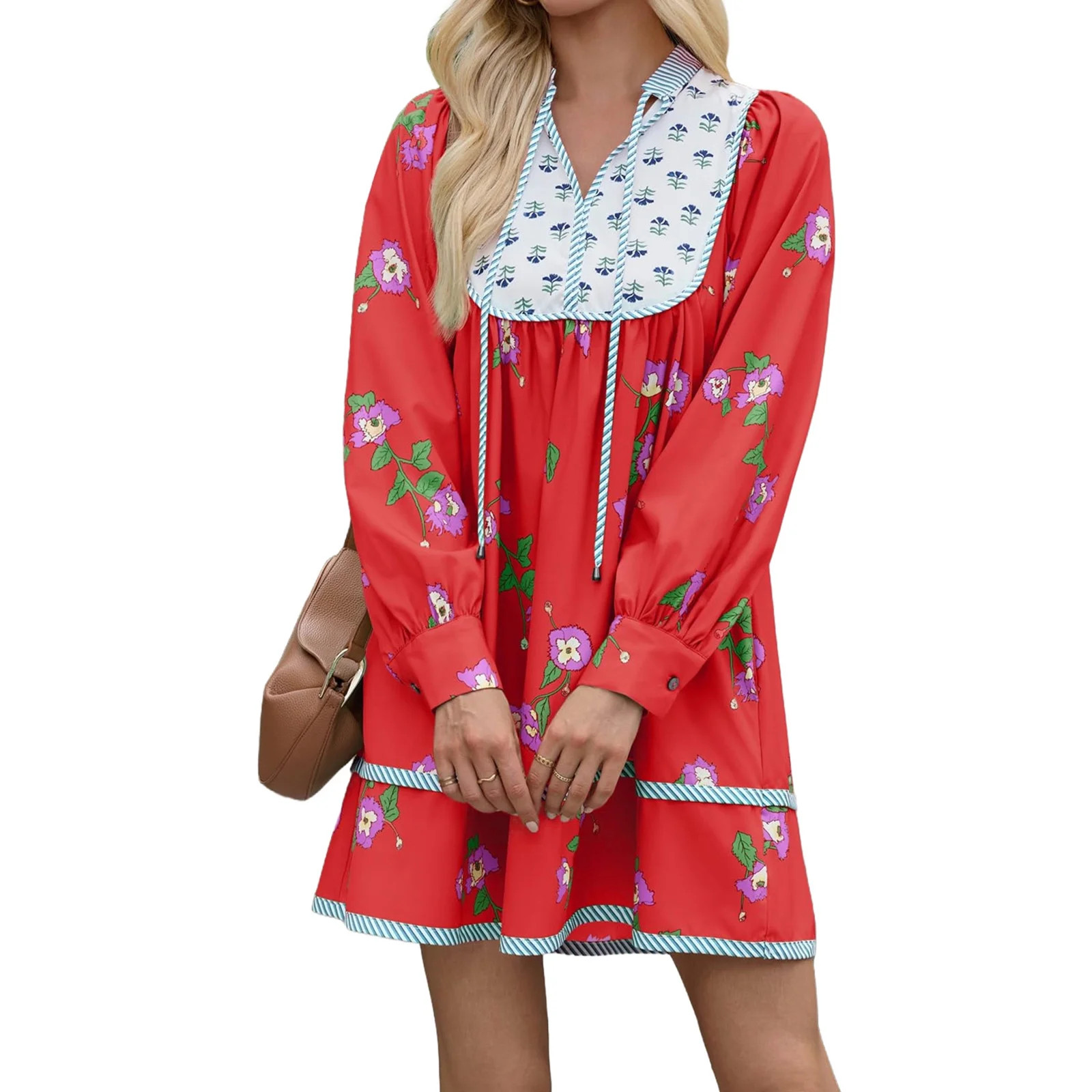 FLoral Printing Women Long Sleeve V-neck Loose Casual Dress | Walmart (US)