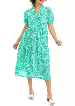 Crown & Ivy™ Women's Short Sleeve Midi Ruffle Neck Printed Dress | Belk