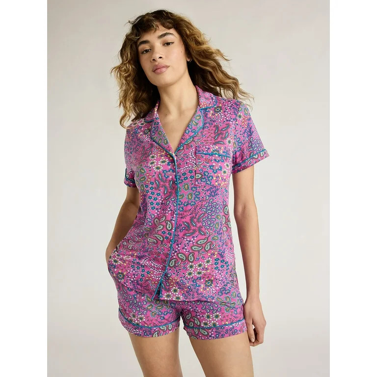 Joyspun Women's Knit Notch Collar Top and Shorts Pajama Set, 2-Piece, Sizes S to 3X | Walmart (US)