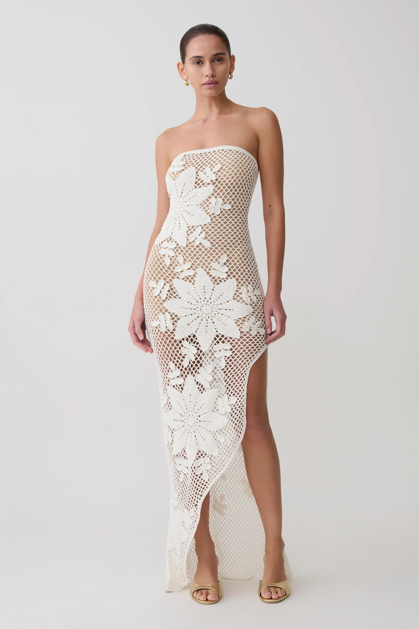 Mandie Hand Crochet Asymmetrical Maxi Dress - White | Meshki UK