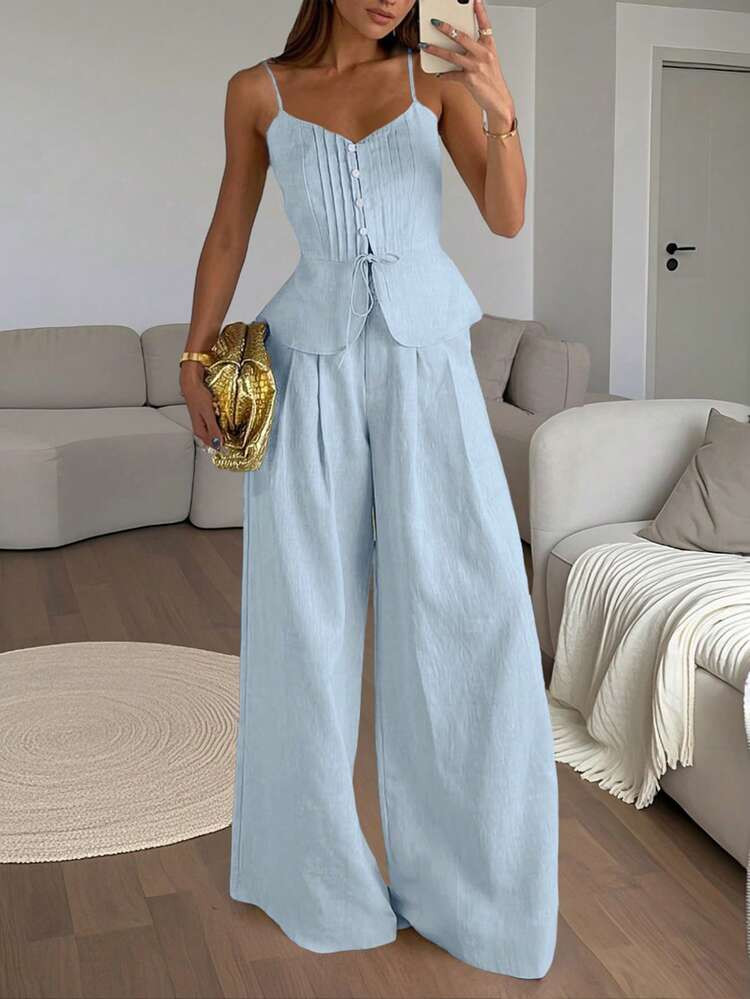 Airaco Women's Solid Color Single-Breasted Tie-Waist Camisole Top And Wide-Leg Pants Casual 2 Pieces Set | SHEIN