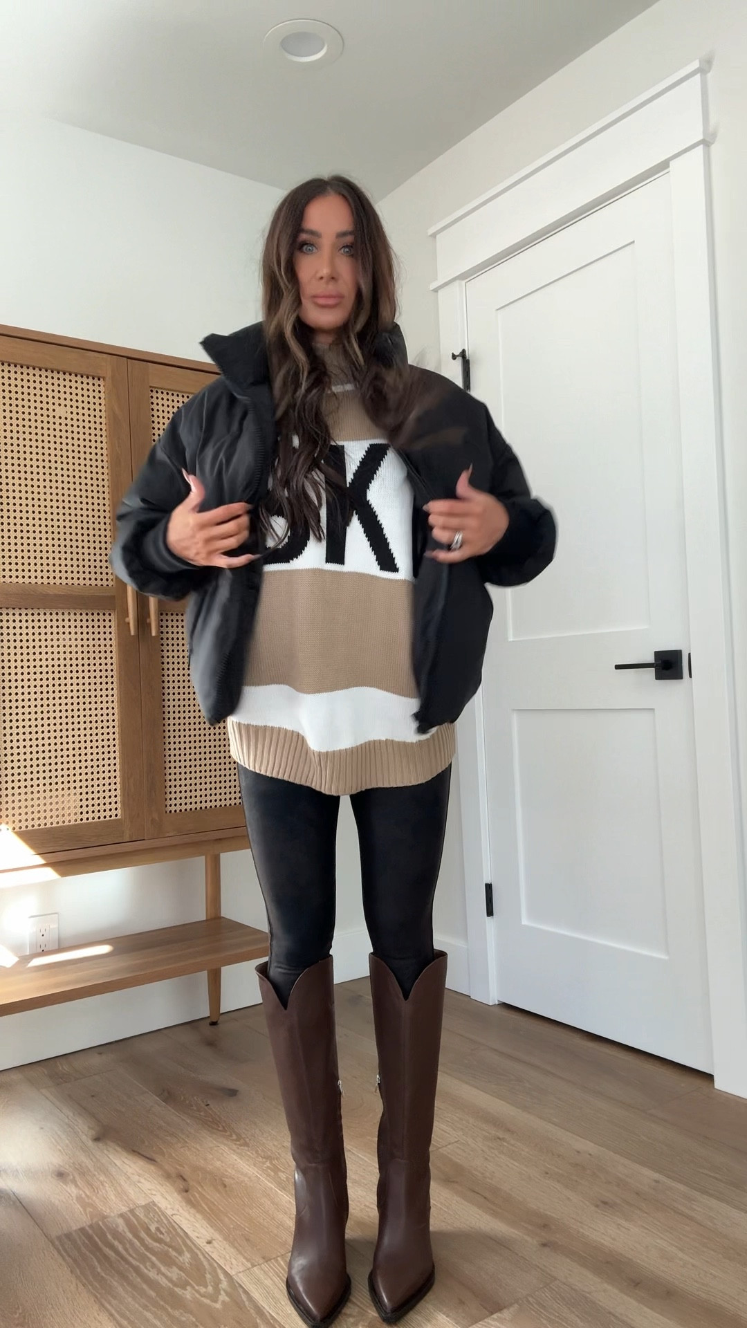 Loving this designer inspired sweater…save on this amazon version which is leggings perfect and can be easily dressed up or worn casual, winter outfit, amazon must have sweater, apres ski outfit idea 
Sz small in sweater
Leggings sz small ( vids LLBXSPANX to save on non sale)
Puffer sz small 
Fair fur sz xs
Linking sim on black
Vest sz med 
Brown boots tts, black boots sz up 1/2 sz for comfort, Uggs (new color) tts

#LTKStyleTip #LTKSeasonal #LTKFindsUnder50