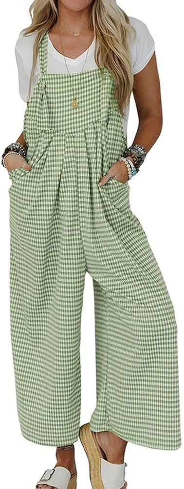 chouyatou Women's Sleeveless Plaid Wide Leg Bib Overall Casual Loose Gingham Jumpsuits with Pocke... | Amazon (US)