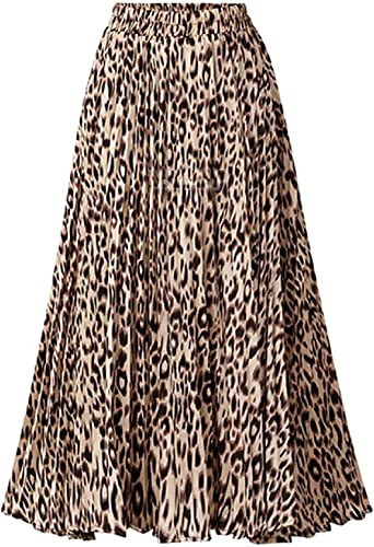 CHARTOU Womens Chic Elastic High Waisted A Line Leopard Print Pleated Shirring Midi-Long Skirt (Beige/Black print, X-Small) | Amazon (US)