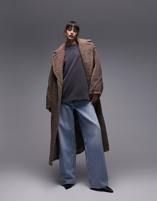Topshop fluffy long-line borg coat in brown | ASOS (Global)