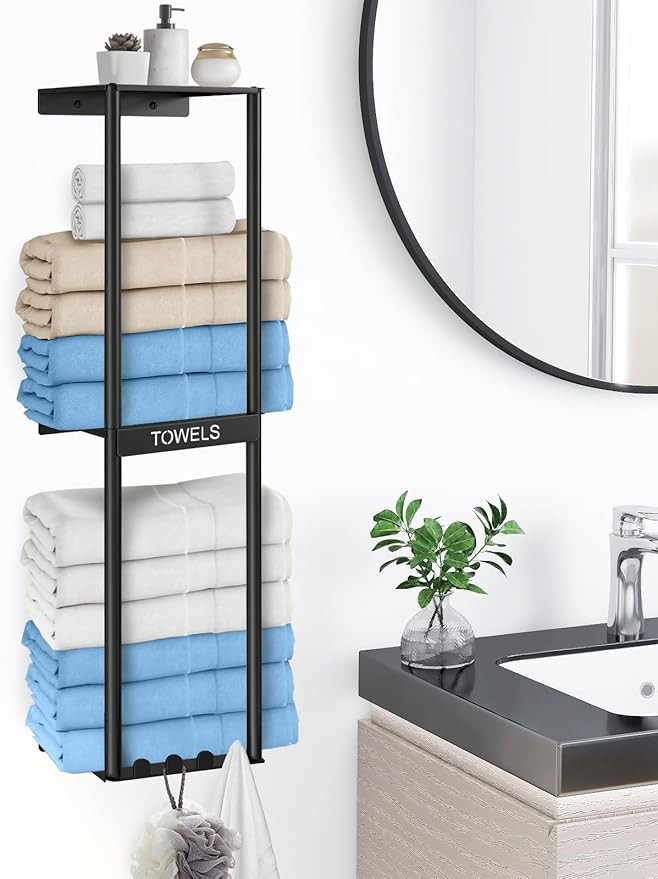Bathroom Towel Storage Rack, Wall Towel Rack for Rolled Towels, 3 Tier Towel Holder Shelf with 4 ... | Amazon (US)