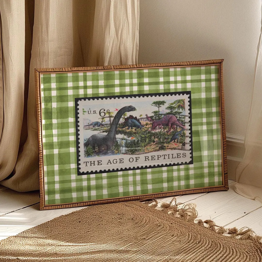 Vintage Dinosaur Print for Baby Boy Room Digital Art Download Plaid Green Dinosaur Wall Decor Din... | Etsy (US)