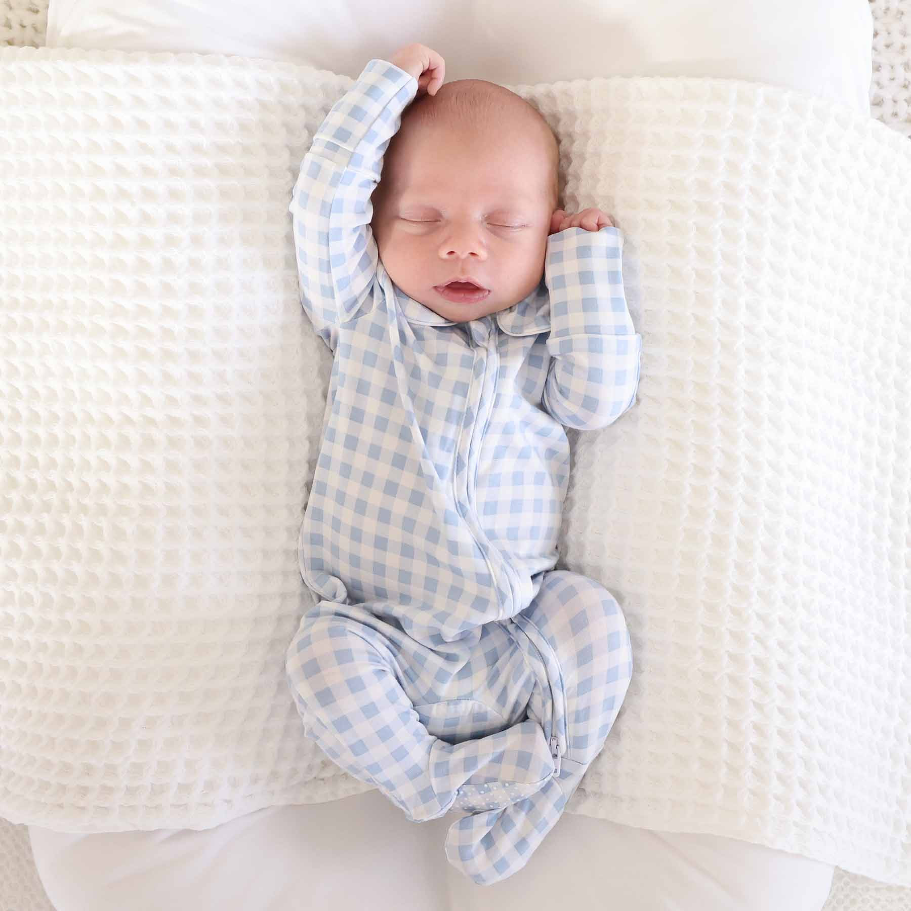 Peter Pan Collar Zipper Footie | Dusty Blue Gingham | Caden Lane
