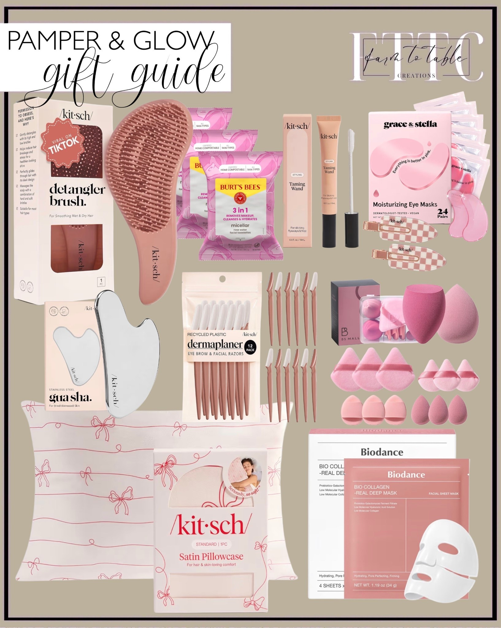 Pamper and Glow | Amazon Self-Care Favorites
Follow @farmtotablecreations on Instagram for more home + Amazon finds.

This “Pamper and Glow” bundle is filled with affordable Amazon beauty and self-care favorites—everything from the viral detangler brush and smoothing gua sha to my go-to eye masks, dermaplaners, taming wand, satin pillowcase, and the bestselling Biodance sheet masks. These make perfect stocking stuffers, teacher gifts, or a cute self-care set for anyone who loves a little pink pampering. All super budget-friendly and so good for gifting!

#amazonbeauty #amazonfinds #amazonselfcare #beautygiftideas #giftguide #beautystockings #holidaygifts #selfcarefavorites #pinkbeauty #beautymusthaves 

#LTKSaleAlert #LTKGiftGuide #LTKBeauty