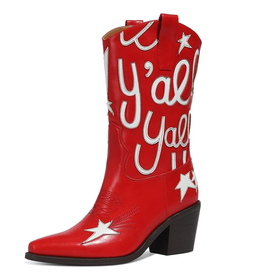Women's Metallic Embroidery Western Knee High Boots Pointed Toe Chunky Heel Cowboy Boots Comfortable and Stylish Mid Calf Cowgirl Boots | Amazon (US)