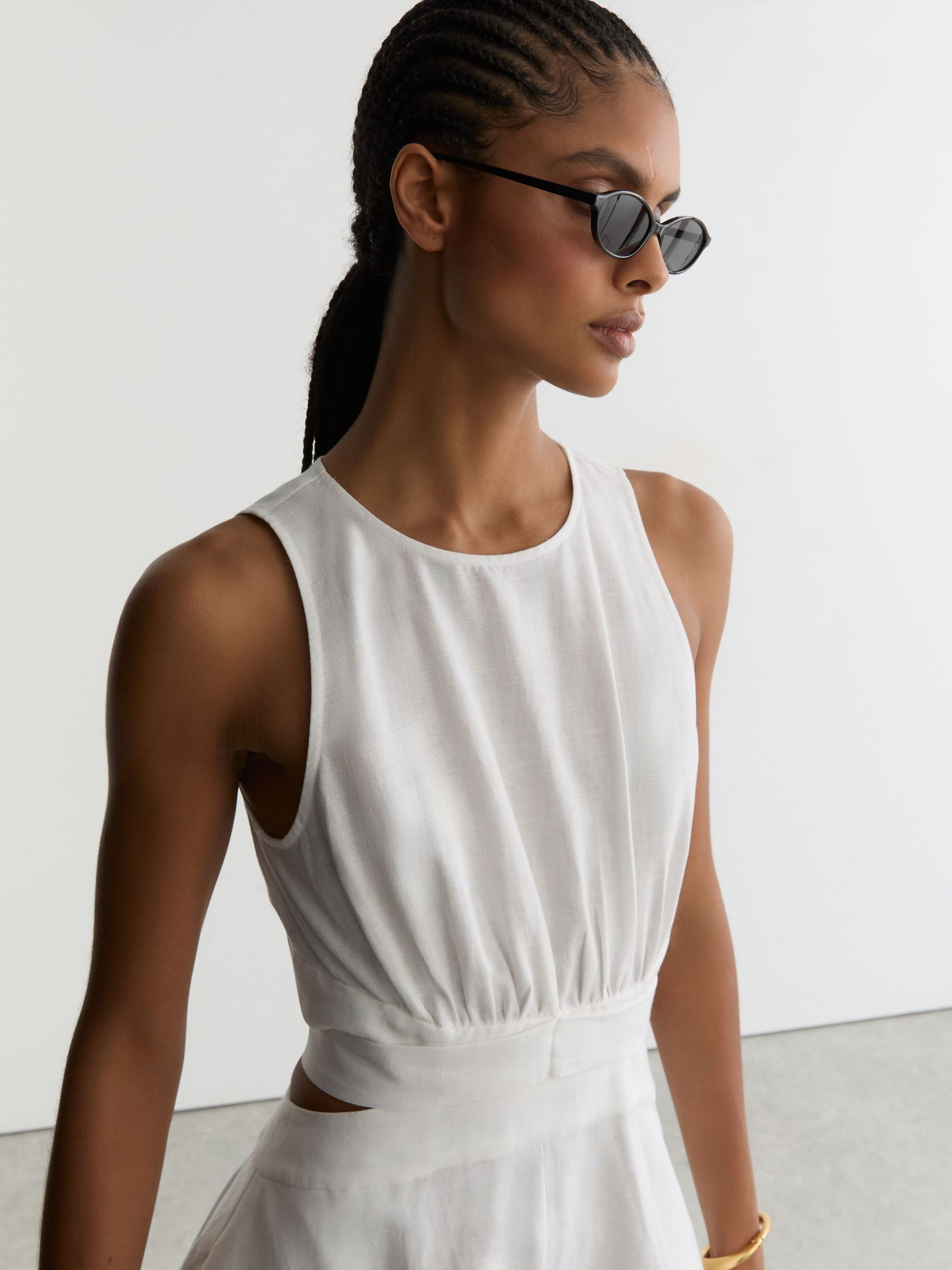 Linen-Cotton Cut-Out Midi Dress in Ivory | Reiss UK