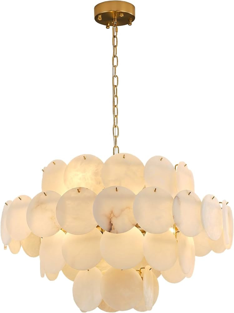 YUYI 31.5" Alabaster Chandelier, Gold Round Large Chandelier with Natural Stone Discs, Modern Lux... | Amazon (US)