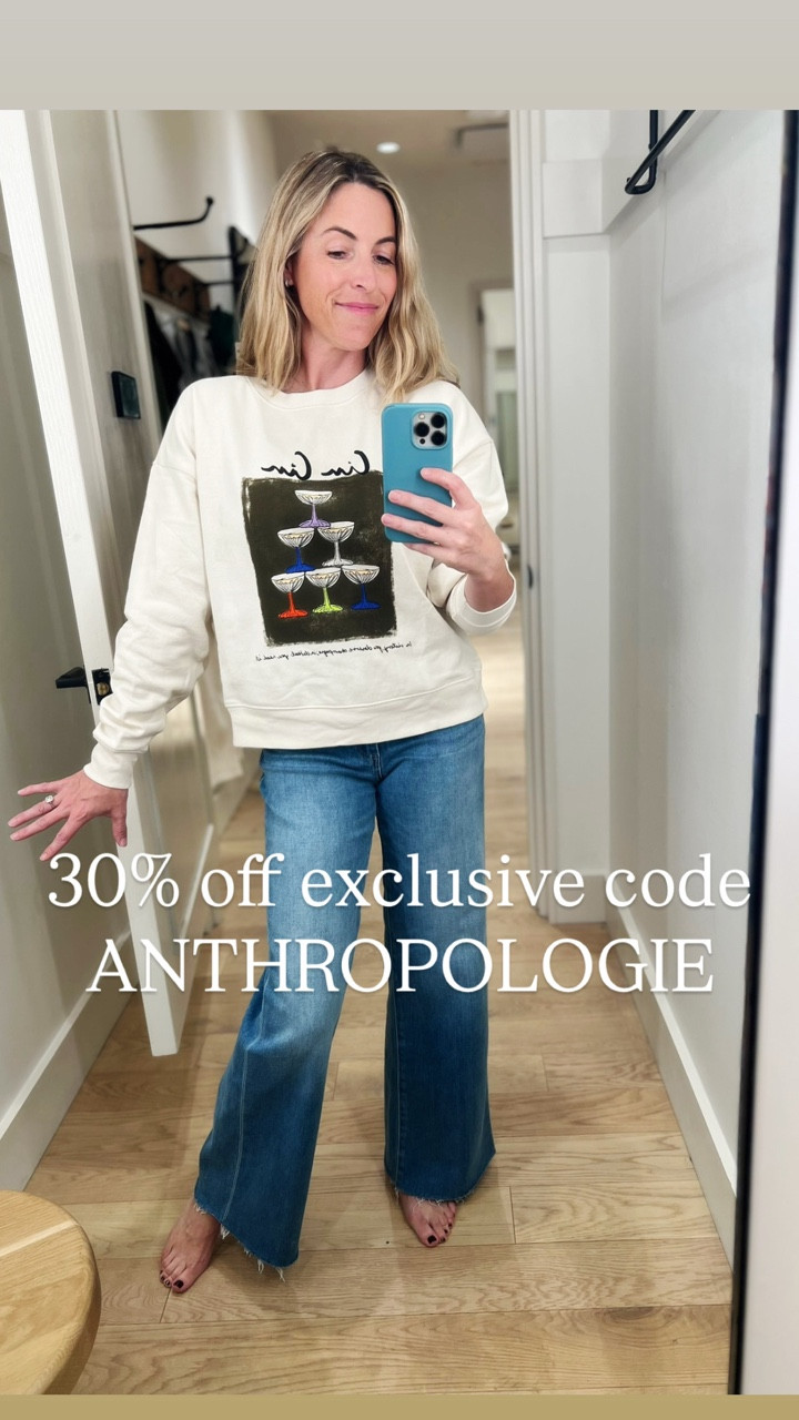 Use our early access code “GTI30”
For 30% off Anthropologie 11/20-11/23!

If you haven’t tried these jeans, you must! They are literally the “jeans that look good on everyone.” Flattering, high-waisted and with some stretch they just always look good. They have a 31 inch inseam which hits right at the top of the foot. Pair with a flat or heel. They run tts!

Sweatshirt is so fun and comes in other fun “styles. Runs tts. Laura wearing a small here. 

*sale online only and code cannot be combined with other offers 🫶🏻

#LTKGiftGuide #LTKHoliday #LTKCyberWeek